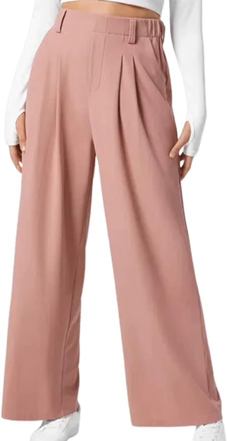 Gihuo Womens Palazzo Pants Summer Wide Leg Pants Elastic Waist Business Work Trousers Flowy Waffle Knit Suit Pants